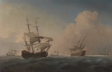 Englische Kriegsschiffe im Wind vor der Küste